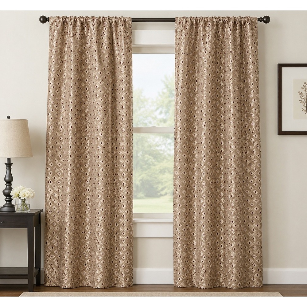 JCPenney Home Vintage 4 Gold Metallic Burgundy Geometric Jacquard Curtains 84x54
